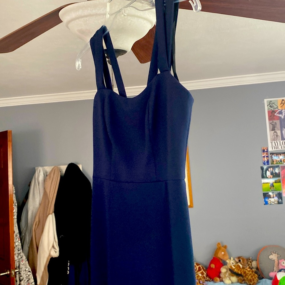 Beautiful Aqua Formal Navy Blue Illusion Hem Sleeveless Hi-Lo Dress Back Zip